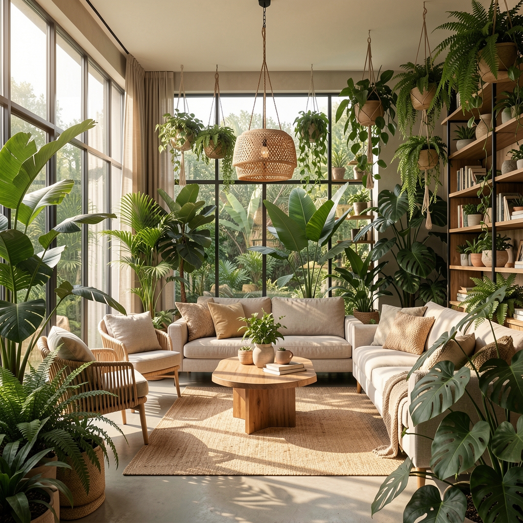 Interior biofílico moderno con pared verde vertical de plantas naturales tropicales, luz solar directa y materiales de fibras vegetales en Buenos Aires