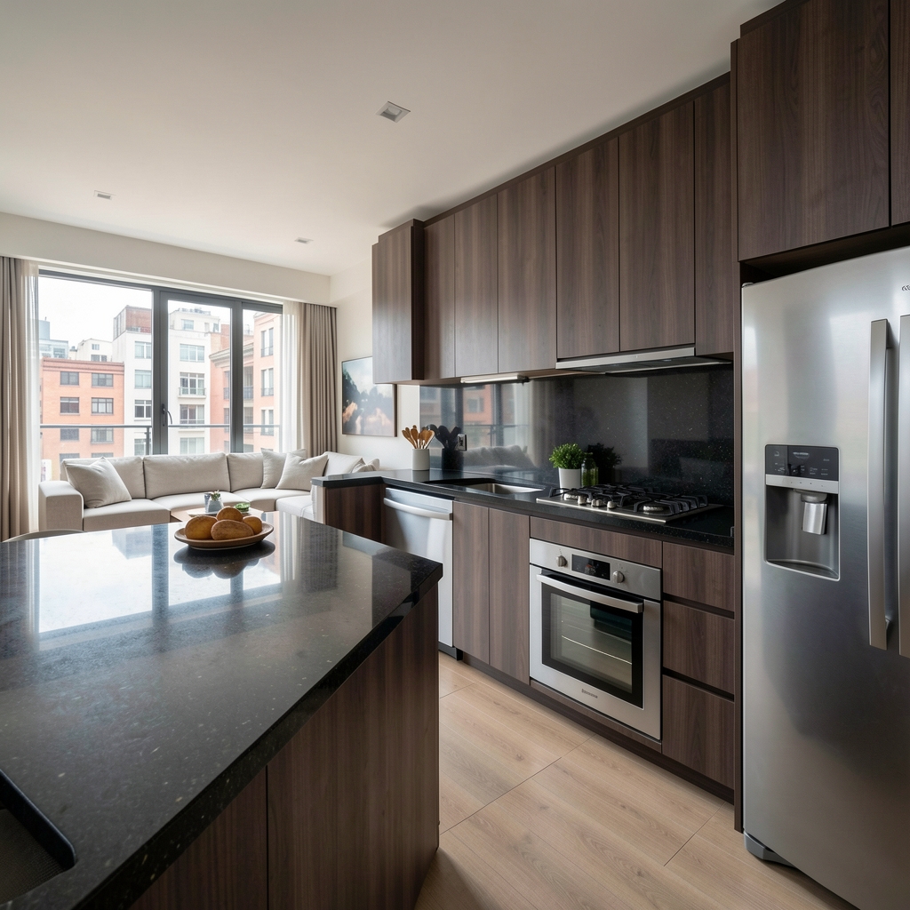 Cocina de diseño contemporáneo abierta al living en apartamento porteño con mesada de granito negro, alacenas de madera oscura y electrodomésticos de acero inoxidable