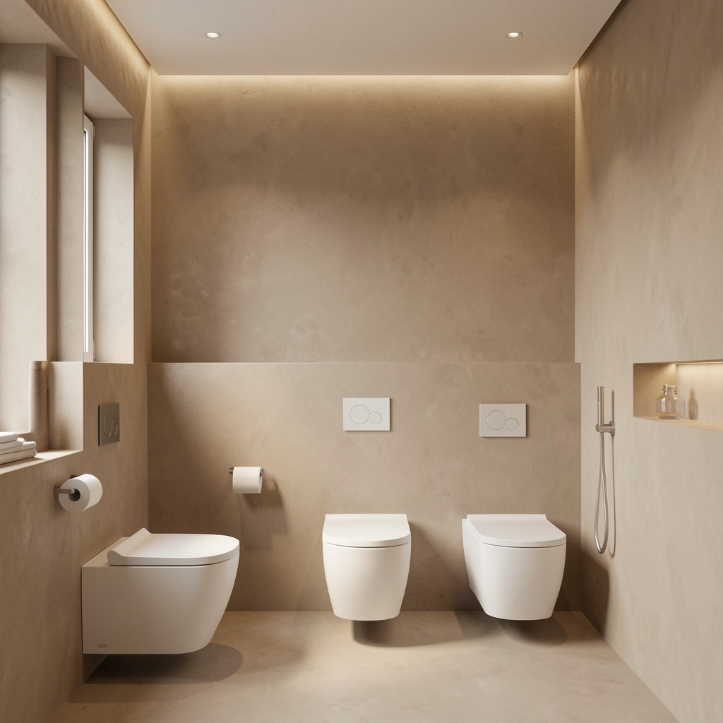 Baño de diseño contemporáneo con revestimiento integral de microcemento color arena, iluminación tenue y artefactos sanitarios de línea minimalista en tonos blancos