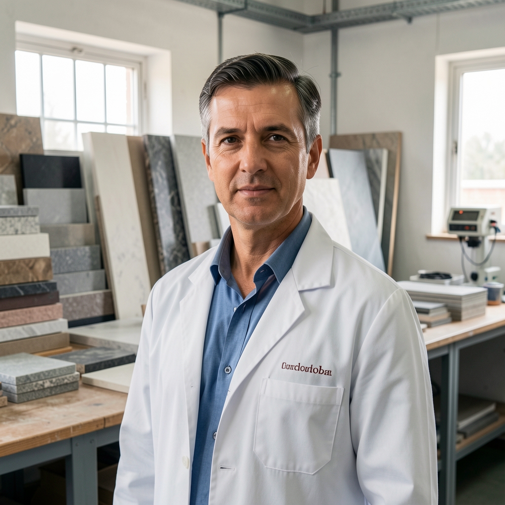 Retrato de Diego Ferreyra Ochoa, investigador de materiales de construcción y tendencias de renovación, frente a muestras de materiales en laboratorio de Córdoba