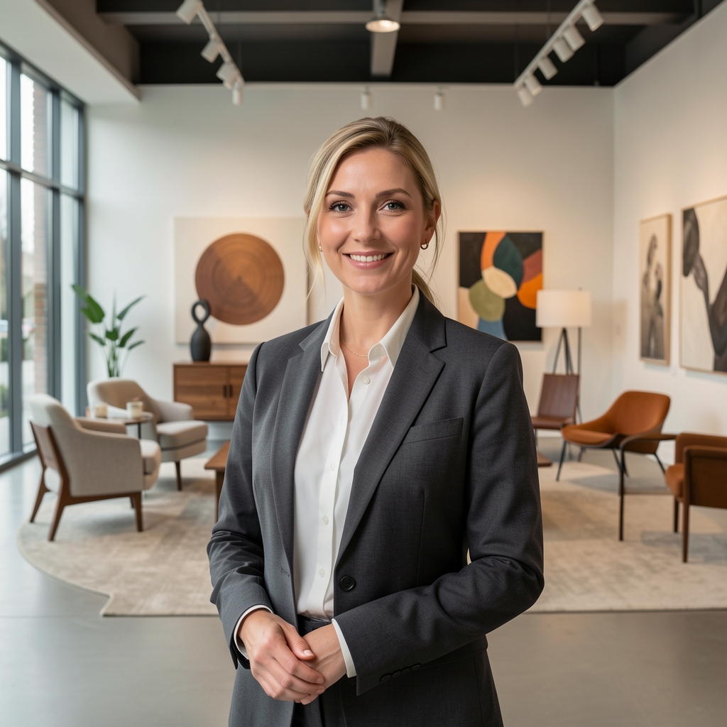 Retrato de Florencia Ibarra Reyes, crítica de diseño y analista de tendencias decorativas, en sala de exposición de muebles de diseño contemporáneo en Buenos Aires