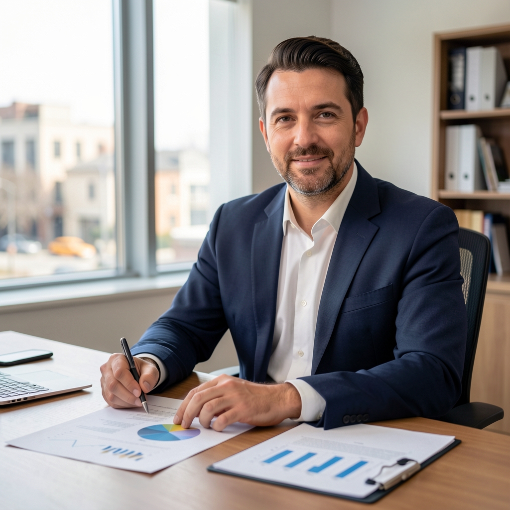 Retrato de Martín Zalazar Ponce, analista de mercado inmobiliario y procesos de renovación urbana, con documentos de investigación en oficina de Buenos Aires