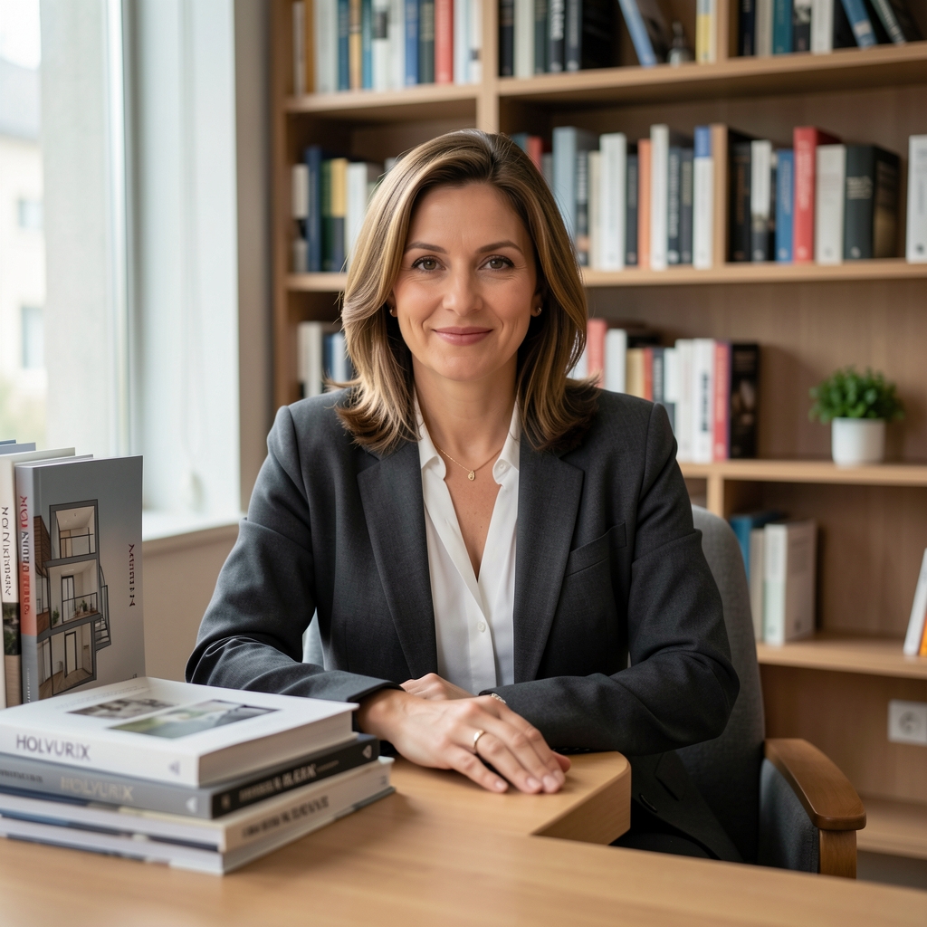 Retrato profesional de Valeria Montero Salas, directora editorial de Holvurix, arquitecta con especialización en diseño de interiores, sentada frente a libros de arquitectura