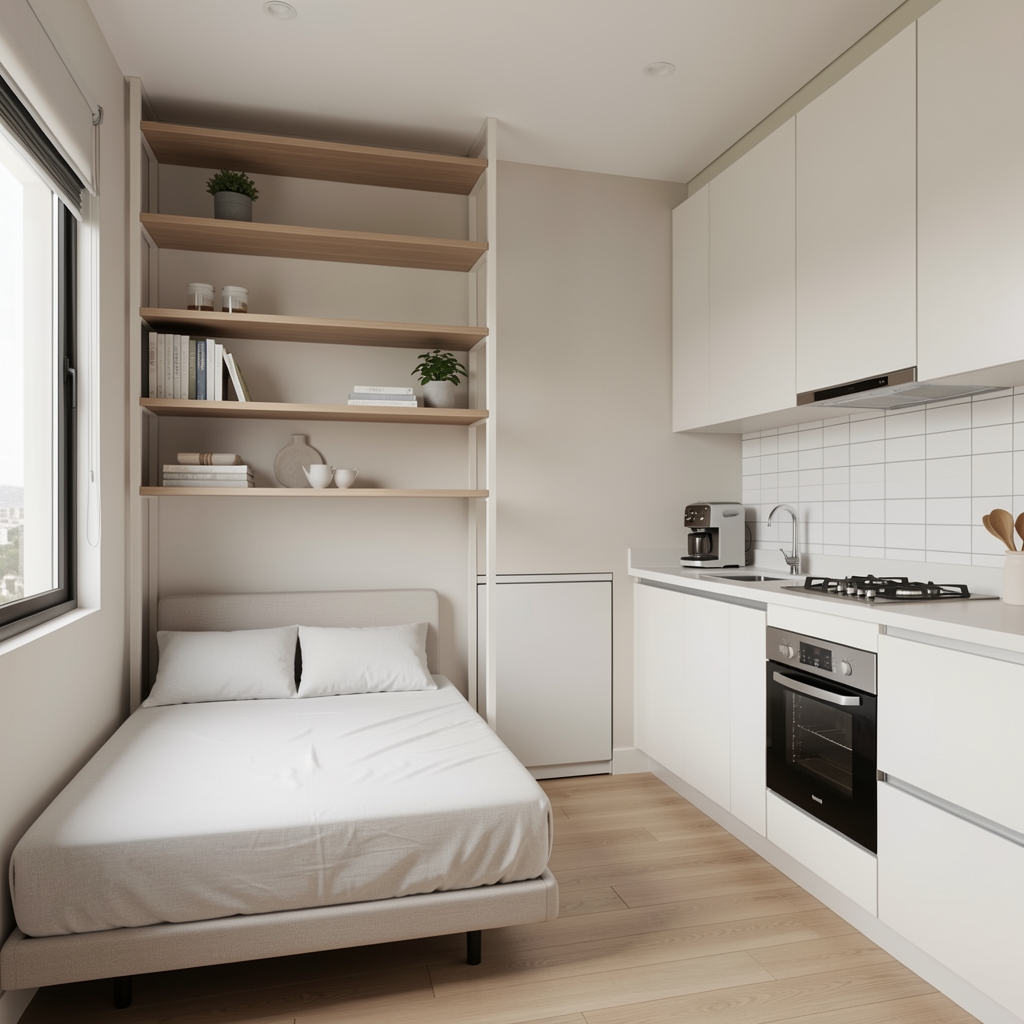 Departamento monoambiente pequeño en Buenos Aires con diseño eficiente: cama plegable, estanterías hasta el techo y cocina integrada con paleta de colores clara