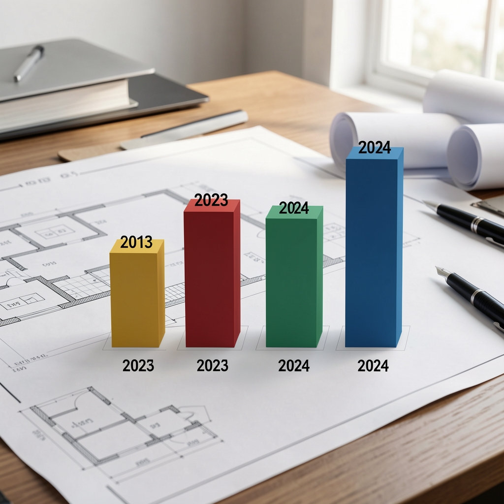 Gráfico de barras comparativo de costos de renovación por metro cuadrado en Buenos Aires 2023 versus 2024, sobre escritorio con planos de arquitectura