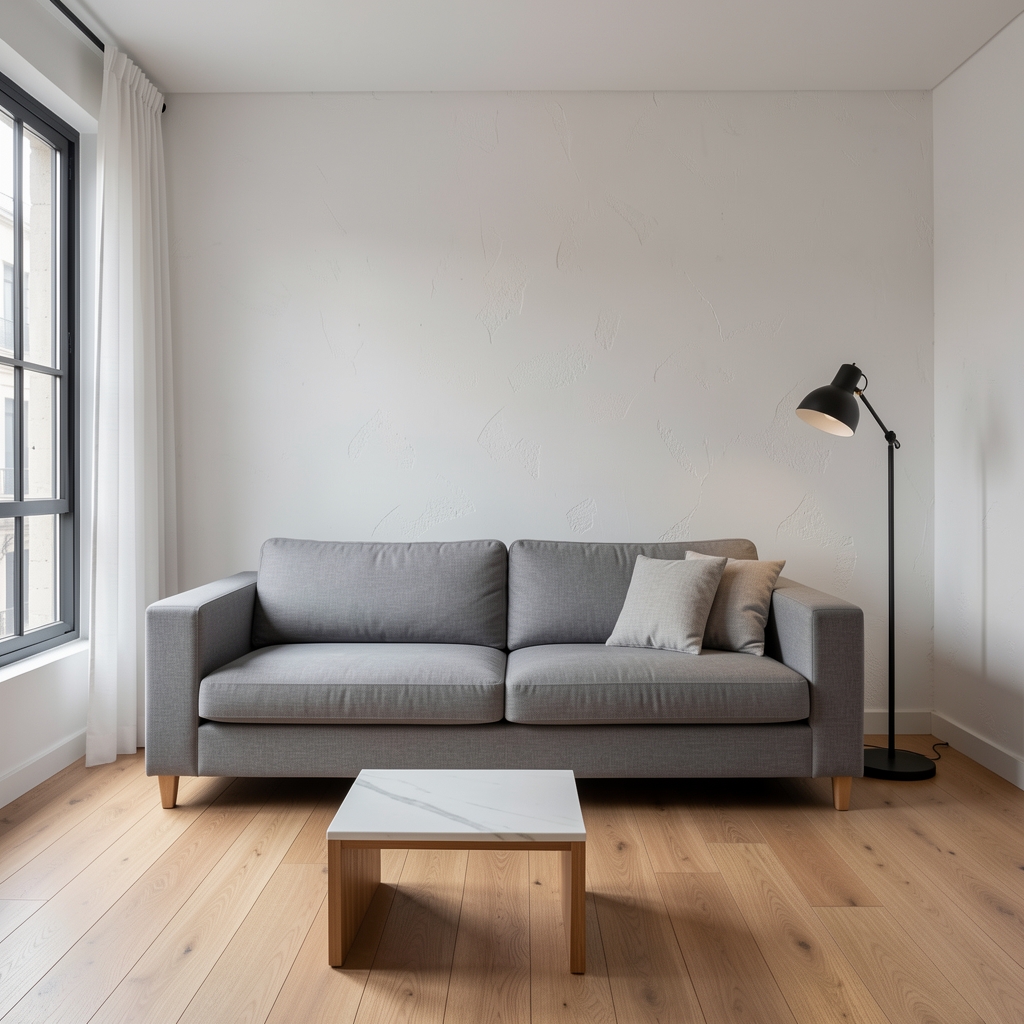 Interior minimalista argentino con paleta monocromática en tonos beige y blanco roto, sofá de líneas rectas y piso de madera clara de eucalipto