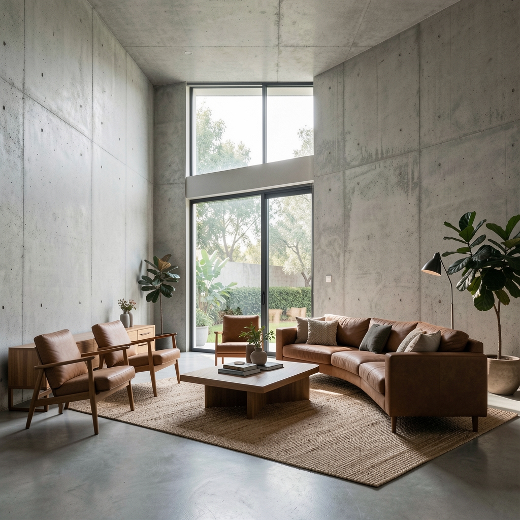 Salón residencial contemporáneo en Buenos Aires con paredes de hormigón visto, muebles de diseño argentino y luz natural filtrada por ventanales de doble altura