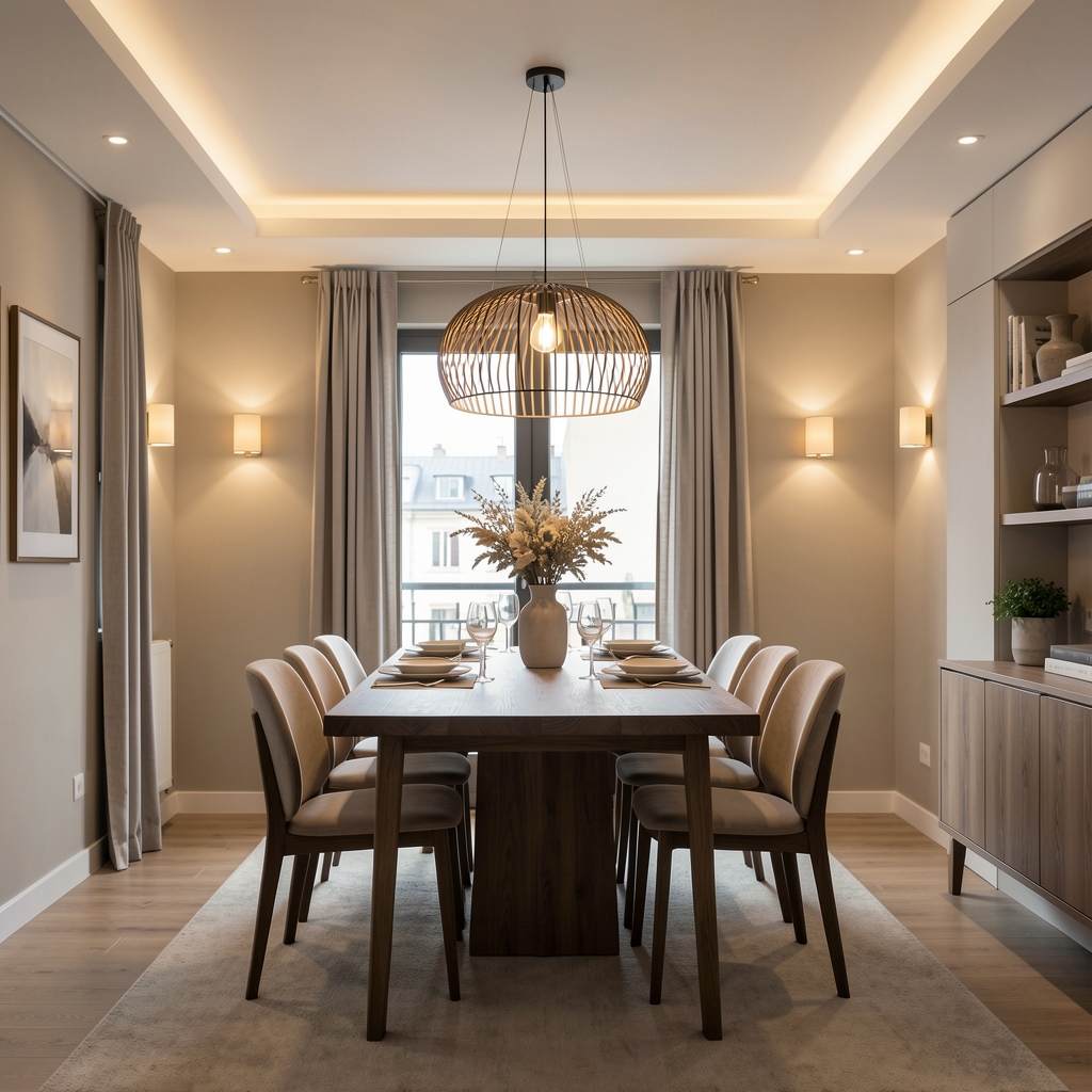 Living comedor argentino contemporáneo con iluminación en capas: luz de techo empotrada, luz colgante de diseño sobre mesa y apliques de pared con luz cálida ambiental