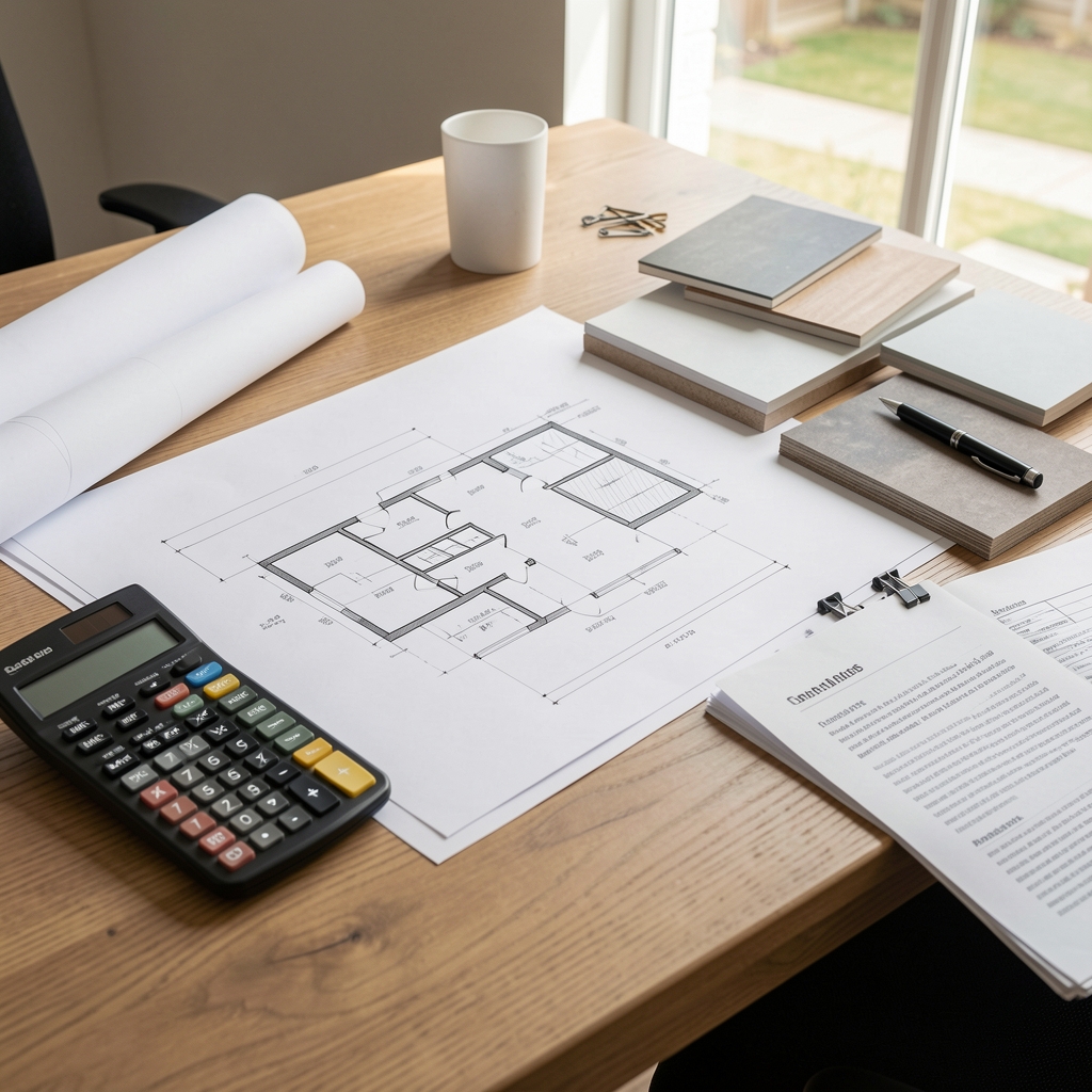Mesa de trabajo con planos técnicos de renovación residencial, calculadoras, muestras de materiales cerámicos y notas editoriales en Buenos Aires