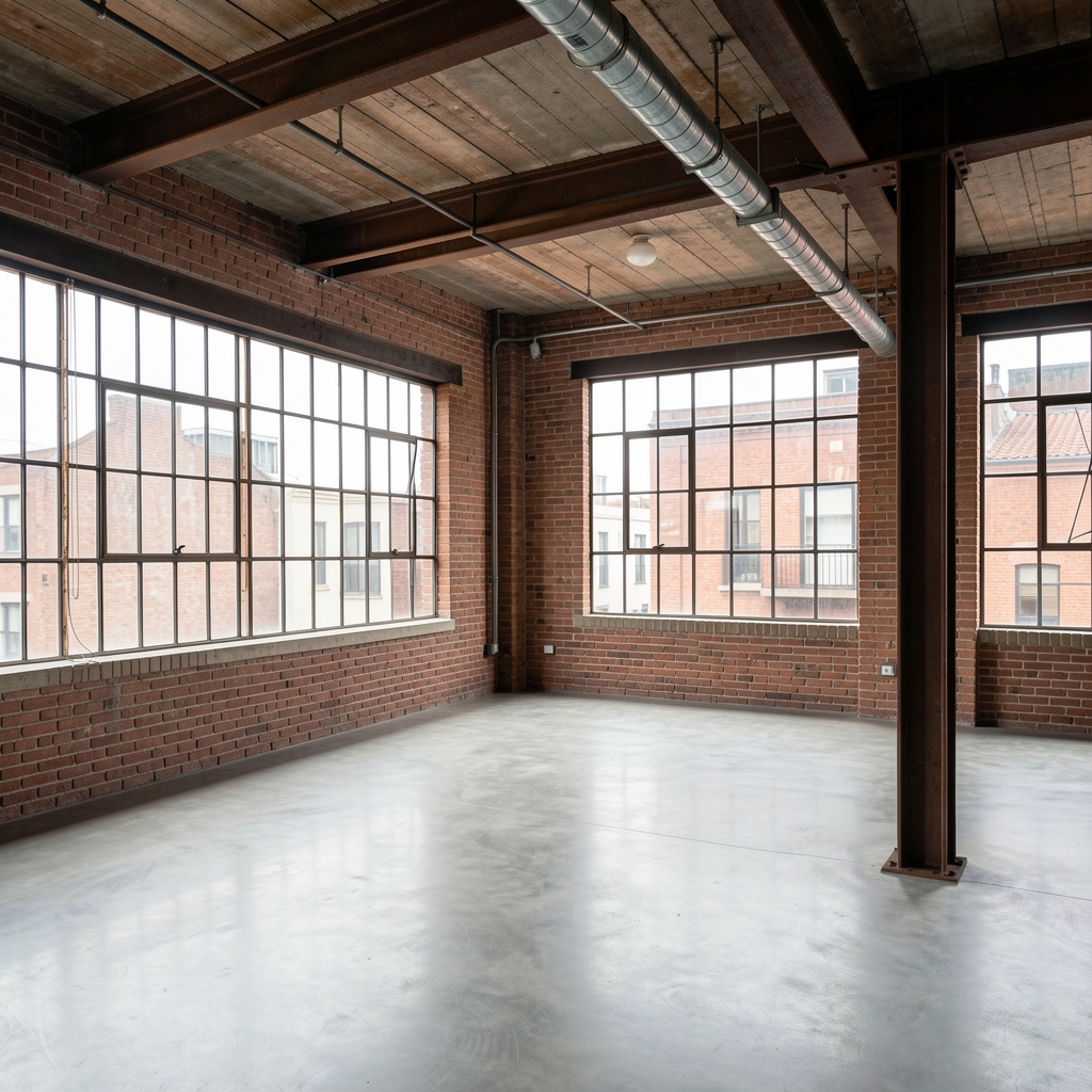 Loft de estilo industrial en Buenos Aires con vigas de acero expuestas, paredes de ladrillo visto y ventanas industriales de acero en departamento de Palermo