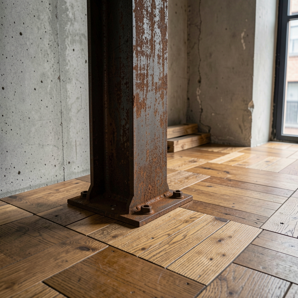 Detalle de materiales industriales en interior porteño: viga de acero estructural, hormigón en pared y piso de madera recuperada con grano visible