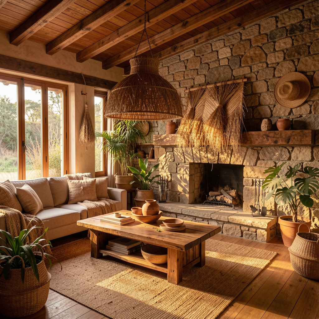 Interior residencial argentino con elementos naturales: madera de quebracho, piedra de río, fibras vegetales y iluminación cálida de tarde en espacio de estar amplio