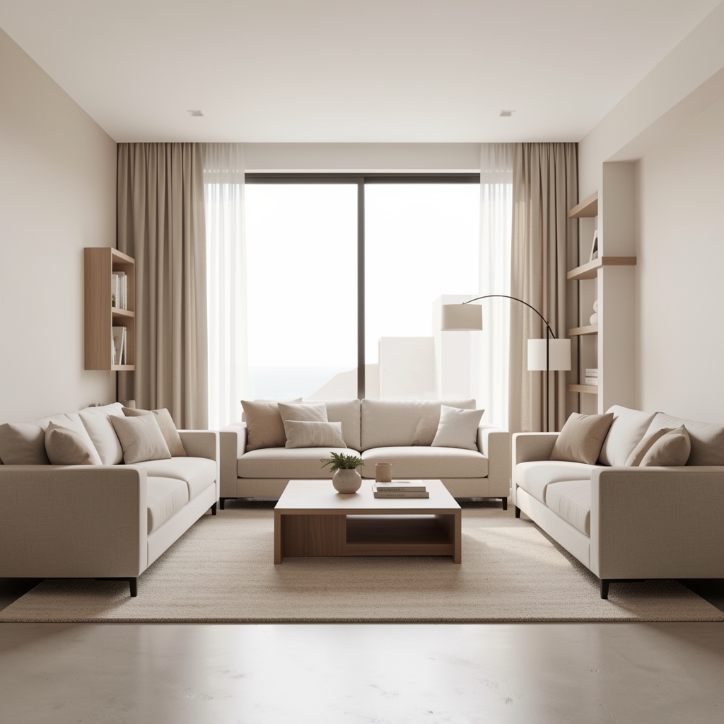 Interior minimalista argentino con muebles de líneas rectas, tonos neutros beige y blanco, y gran ventanal con luz natural en Buenos Aires
