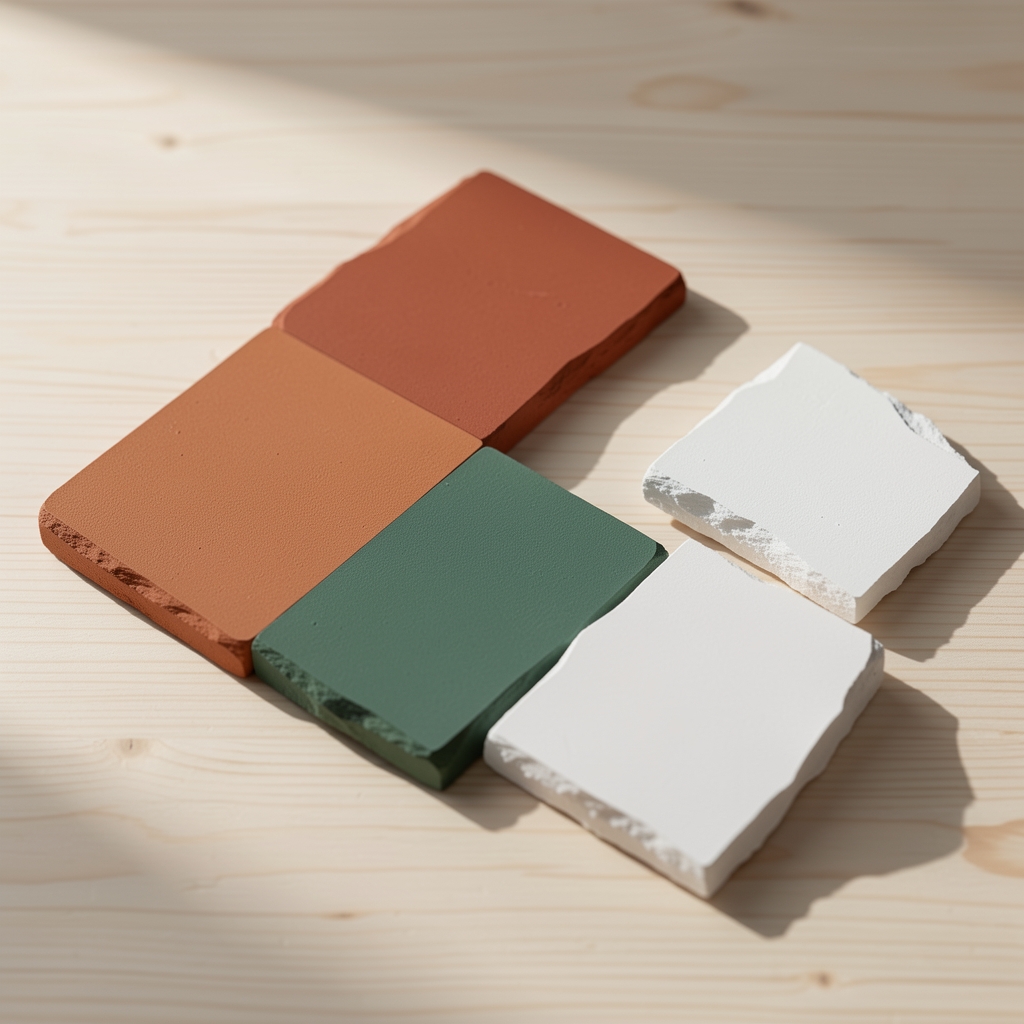 Muestras de paleta cromática para interiores 2025: tierras, terracota, verde salvia y blancos rotos dispuestas sobre superficie de madera clara con luz natural lateral