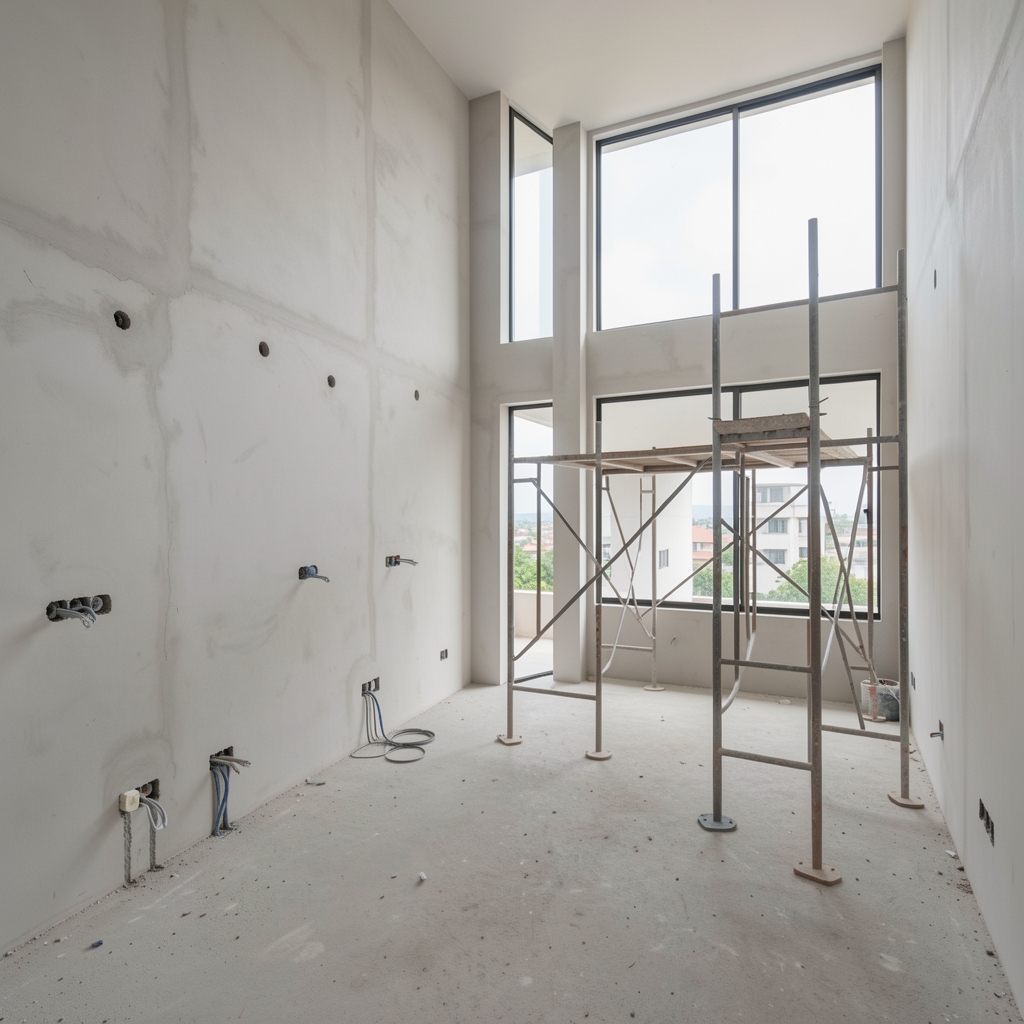 Departamento de Buenos Aires en proceso de renovación con paredes despojadas, instalaciones eléctricas a vista y andamio de trabajo interior