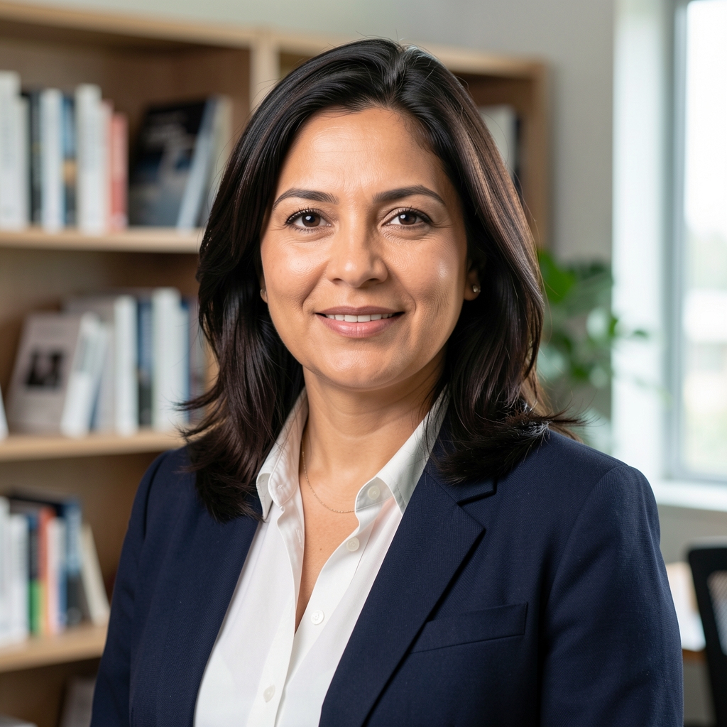 Retrato profesional de Valentina Echeverría Montoya, directora editorial de Holvurix, mujer latinoamericana de unos 40 años en entorno de oficina con estantes de libros de diseño al fondo