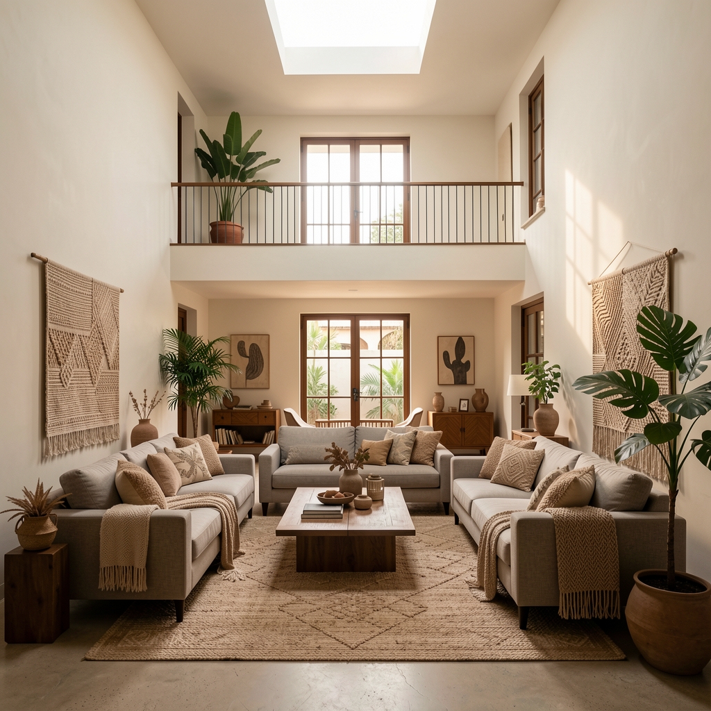 Salón contemporáneo argentino con muebles de diseño local, textiles naturales y luz cenital en un espacio de doble altura