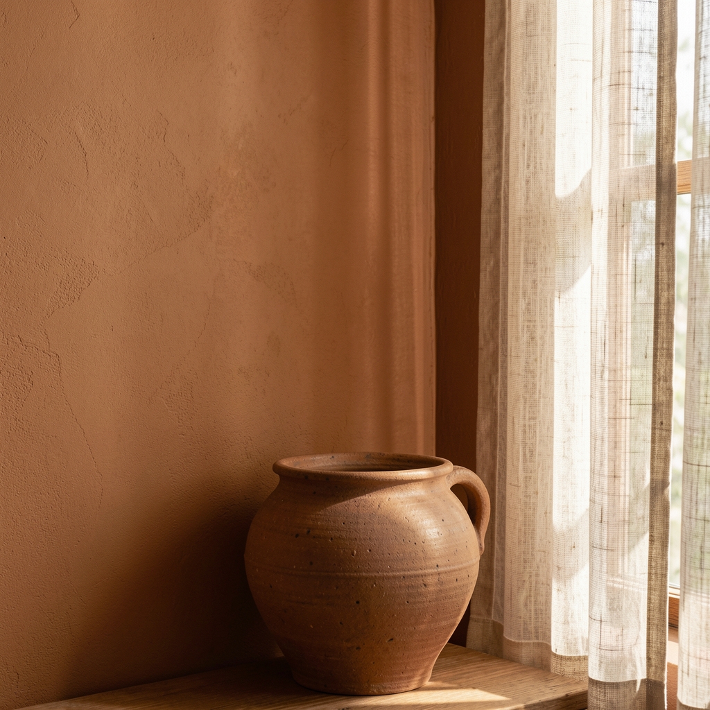 Detalle de pared con pintura de color tierra cálida, maceta de cerámica artesanal y luz natural filtrada por cortinas de lino