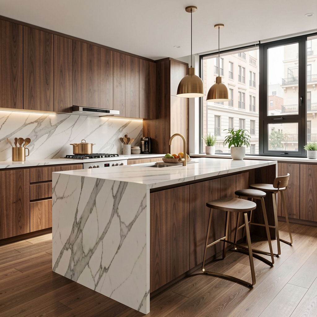 Cocina abierta moderna con isla central de mármol blanco veteado, gabinetes de madera de nogal y accesorios de latón en departamento porteño