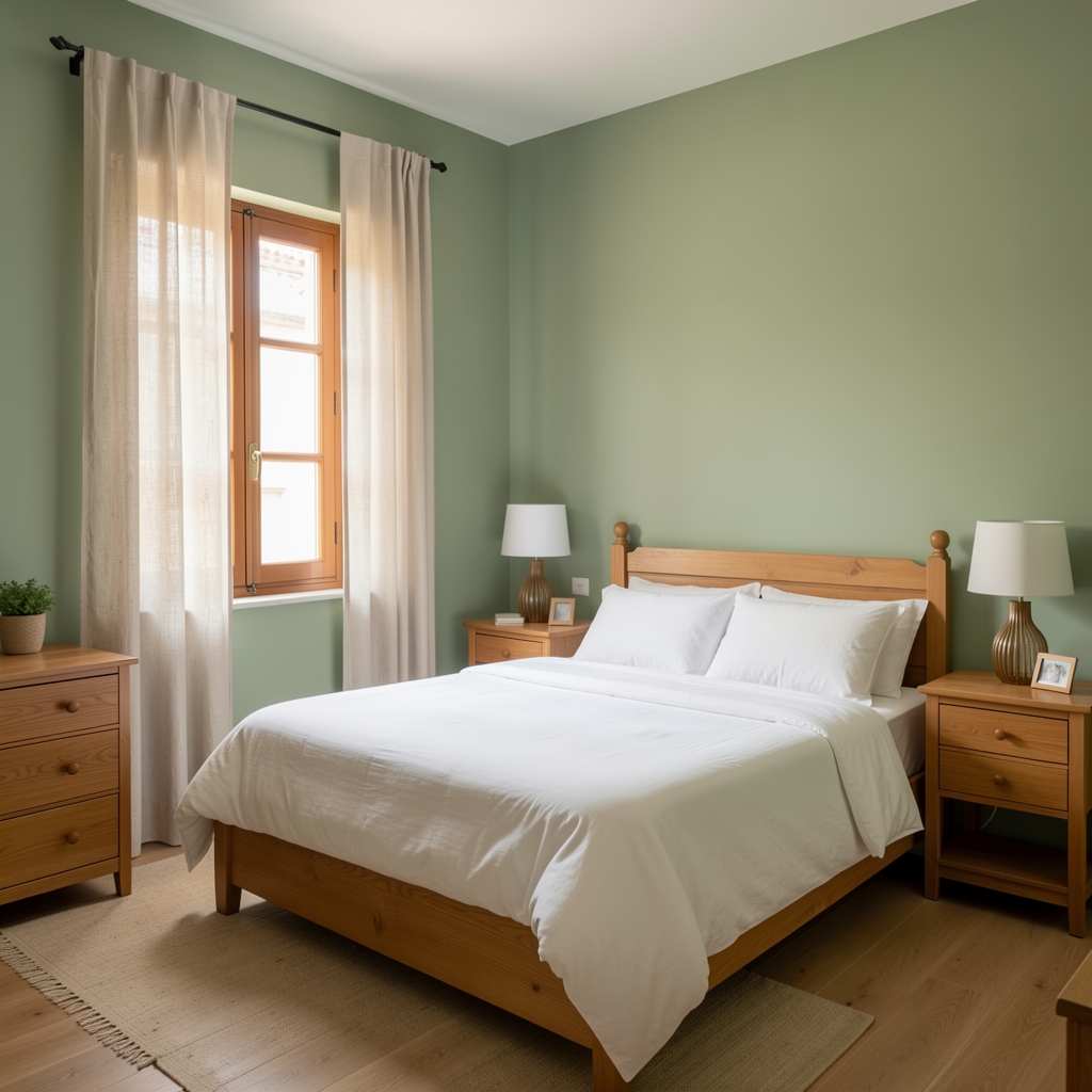 Habitación argentina con paredes pintadas en verde sage suave, muebles de madera natural, ropa de cama blanca y luz natural de ventana con cortinas de lino